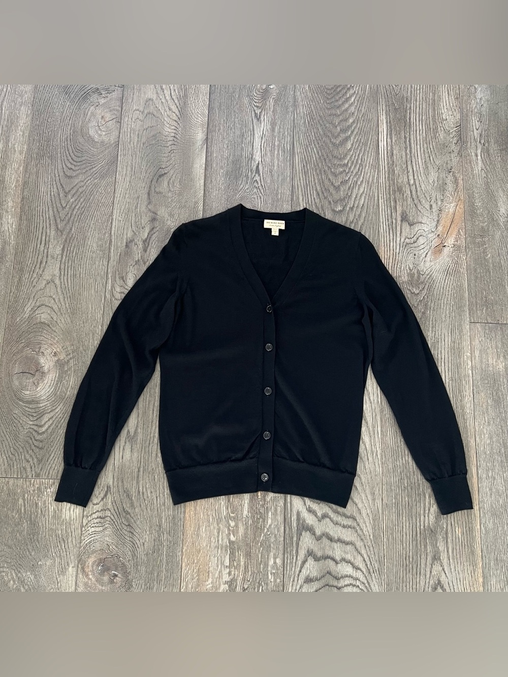BURBERRY London, England Black Extra Fine Merino Wool V-Neck Cardigan Sweater S